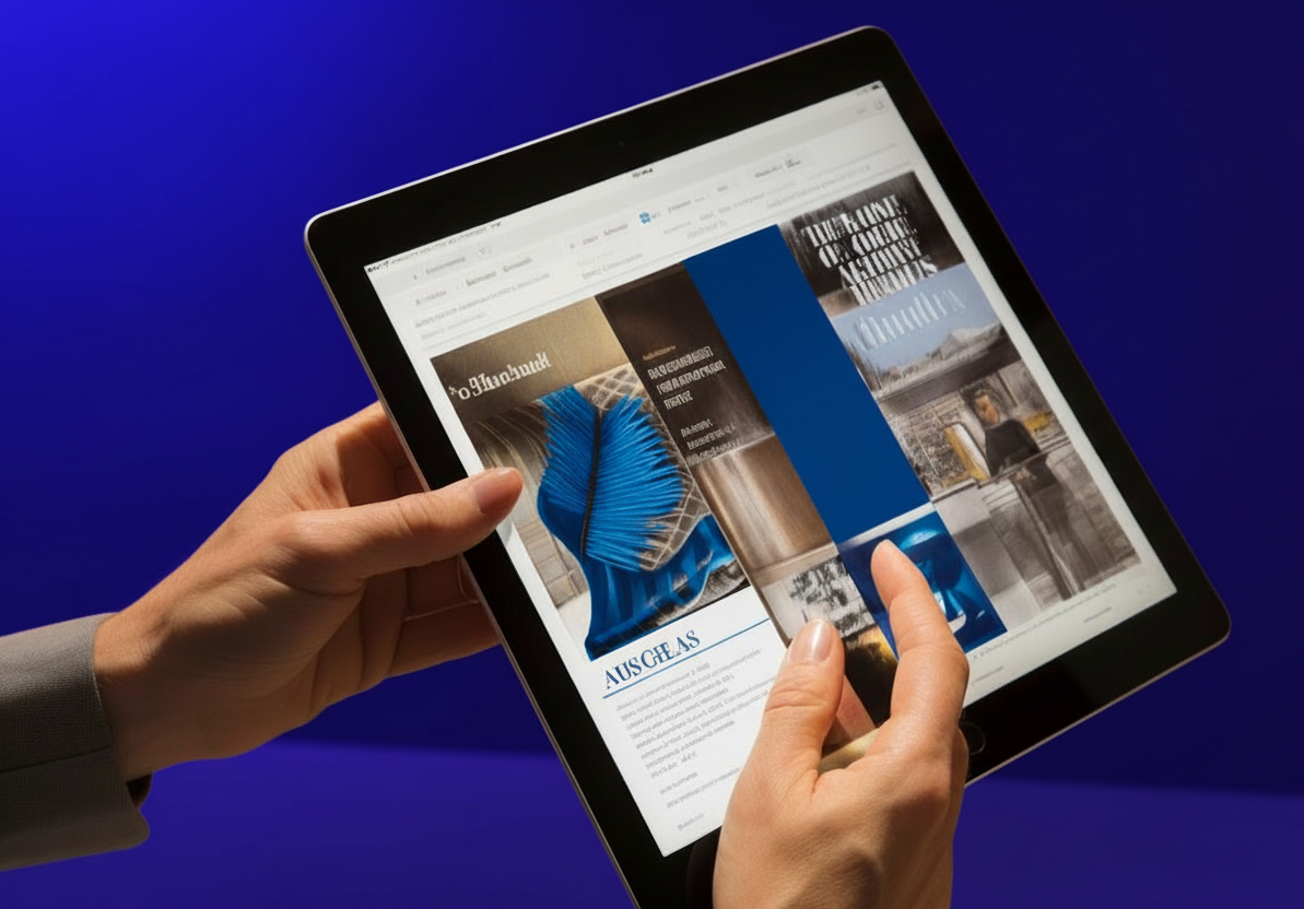 Tablette montrant une interface web moderne avec design professionnel pour la création de sites web